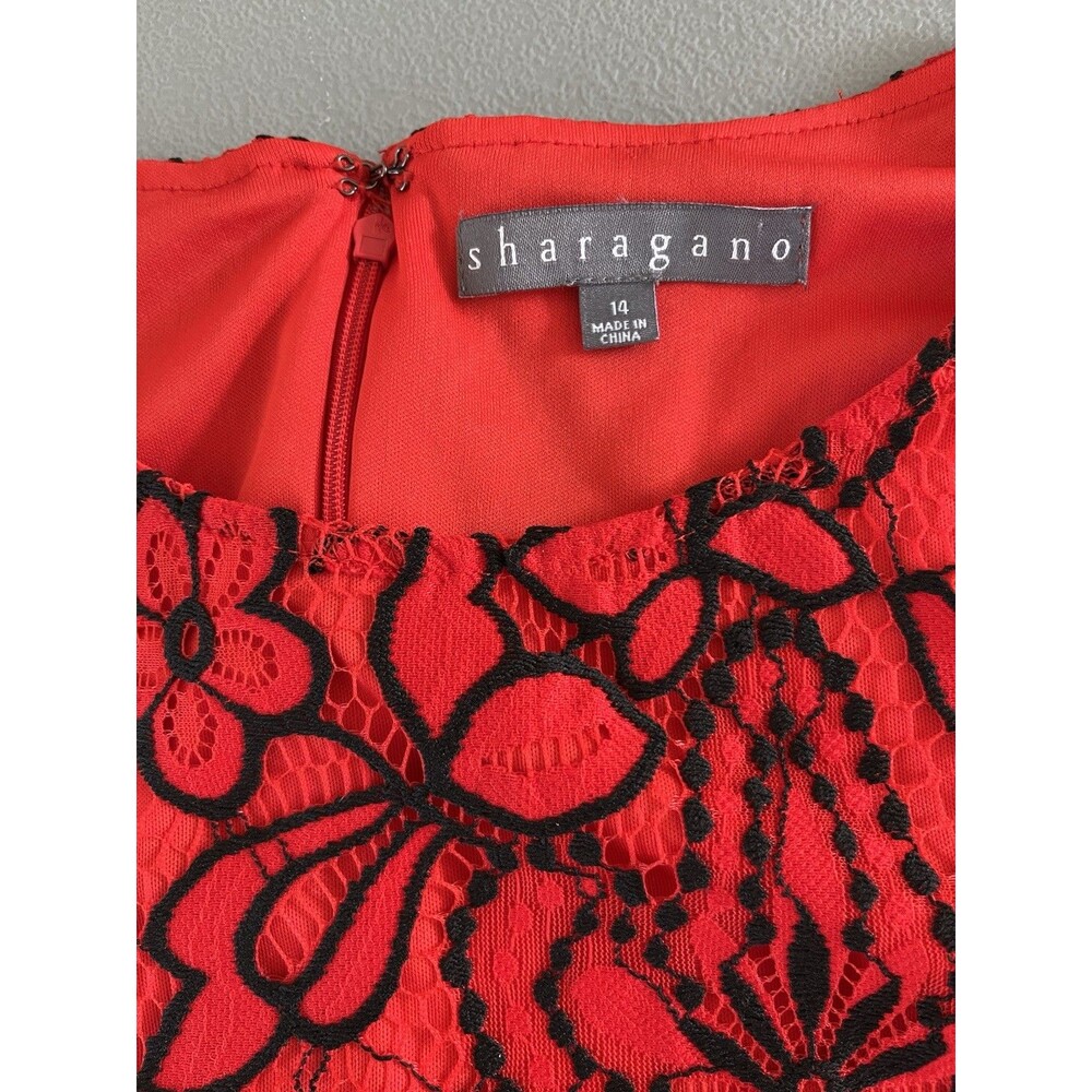 Sharagano Floral Lace Overlay Womens Cocktail Dress Size 14 Red Black Classic - Picture 3 of 13